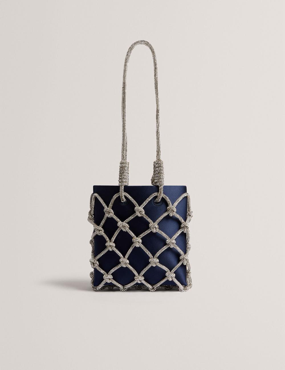 Navy Women Ted Baker KYLIA - Crystal Cage Satin Mini Shoulder Bags | NZ  FLSO-54183