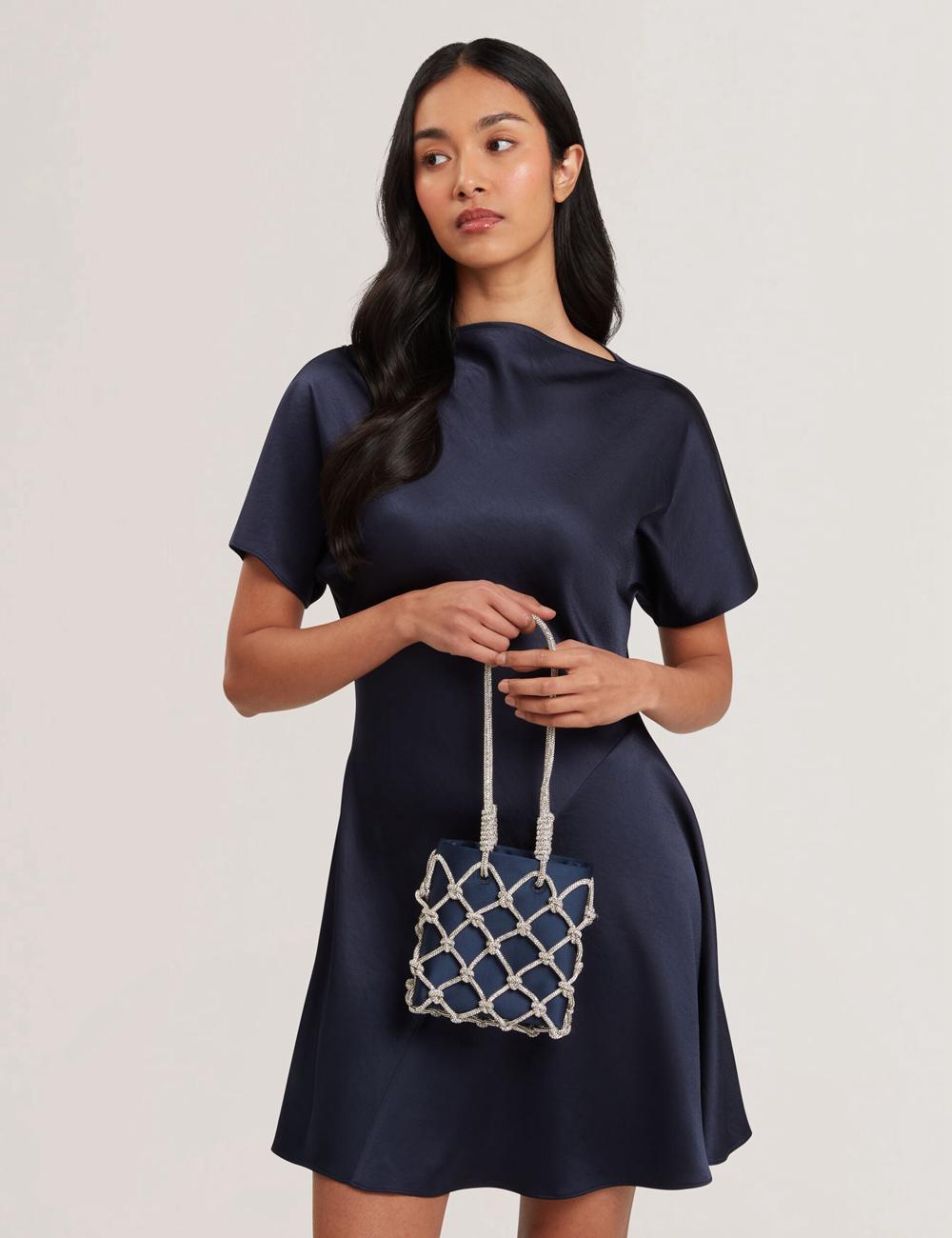 Navy Women Ted Baker KYLIA - Crystal Cage Satin Mini Shoulder Bags | NZ  FLSO-54183