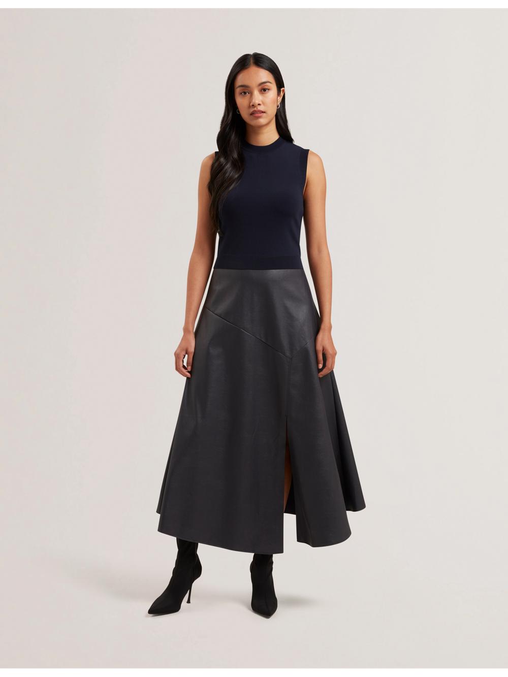 Navy Women Ted Baker LABASA - Sleeveless Knit Faux Leather Midi Dresses | NZ  JUKO-15362