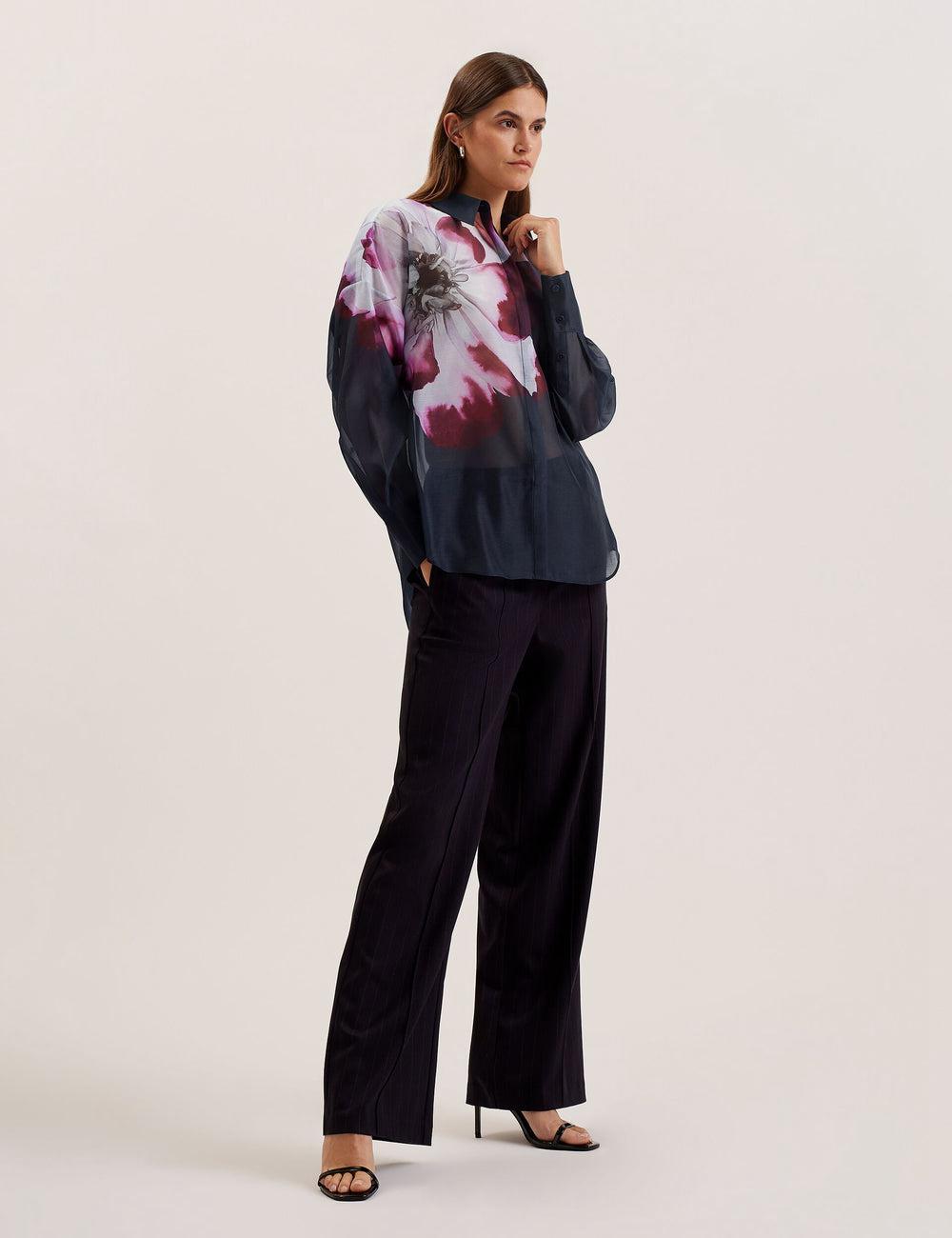 Navy Women Ted Baker ORRIN - Floral Sheer Organza Oversized Casual Shirts | NZ  YAZQ-10354