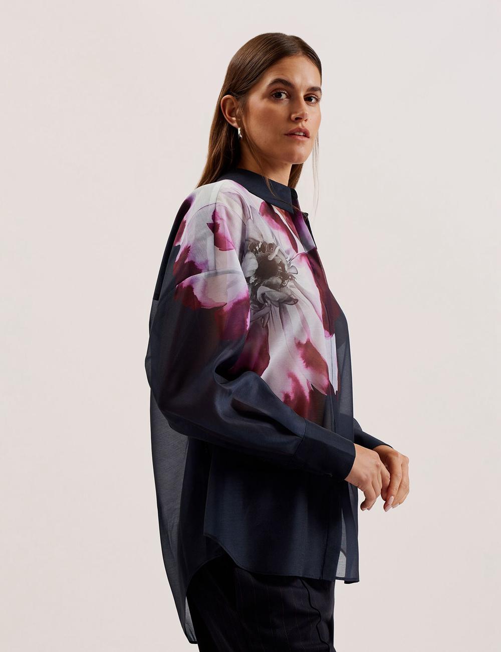 Navy Women Ted Baker ORRIN - Floral Sheer Organza Oversized Casual Shirts | NZ  YAZQ-10354