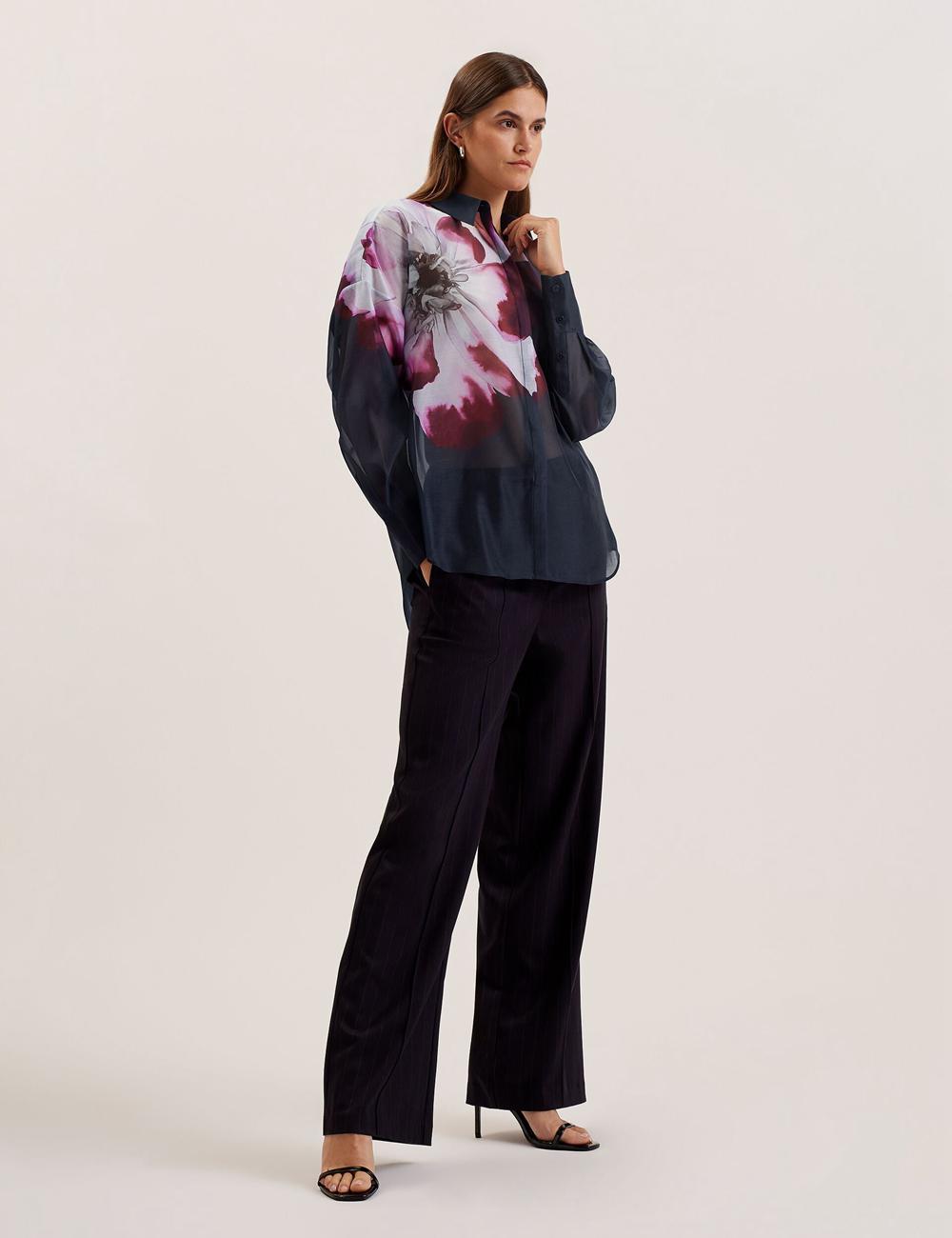 Navy Women Ted Baker ORRIN - Floral Sheer Organza Oversized Casual Shirts | NZ  YAZQ-10354