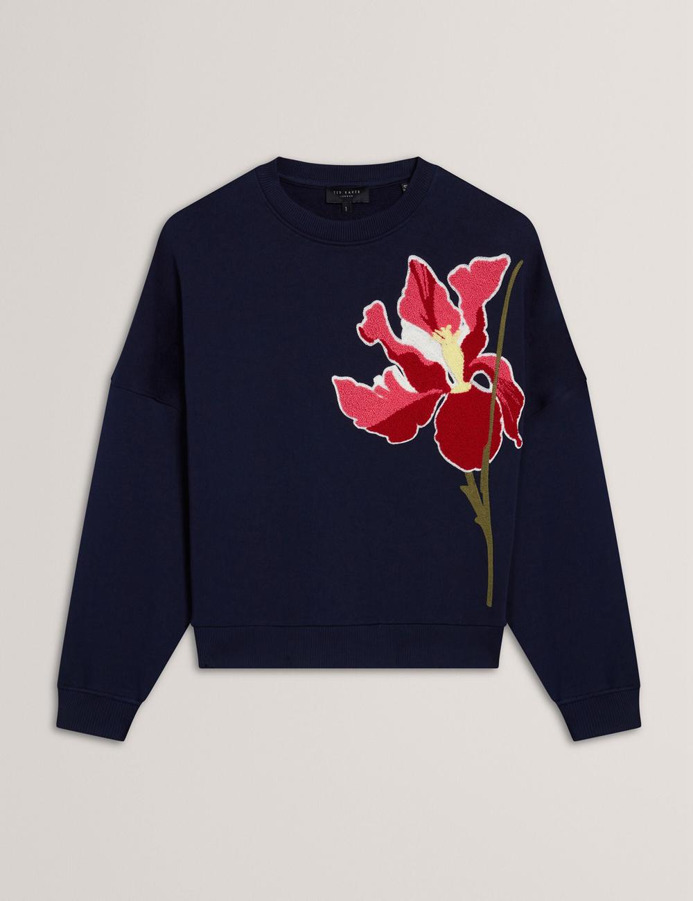 Navy Women Ted Baker SANDERR - Tufted Floral Graphic Cotton Sweatshirts | NZ  ANMJ-10546
