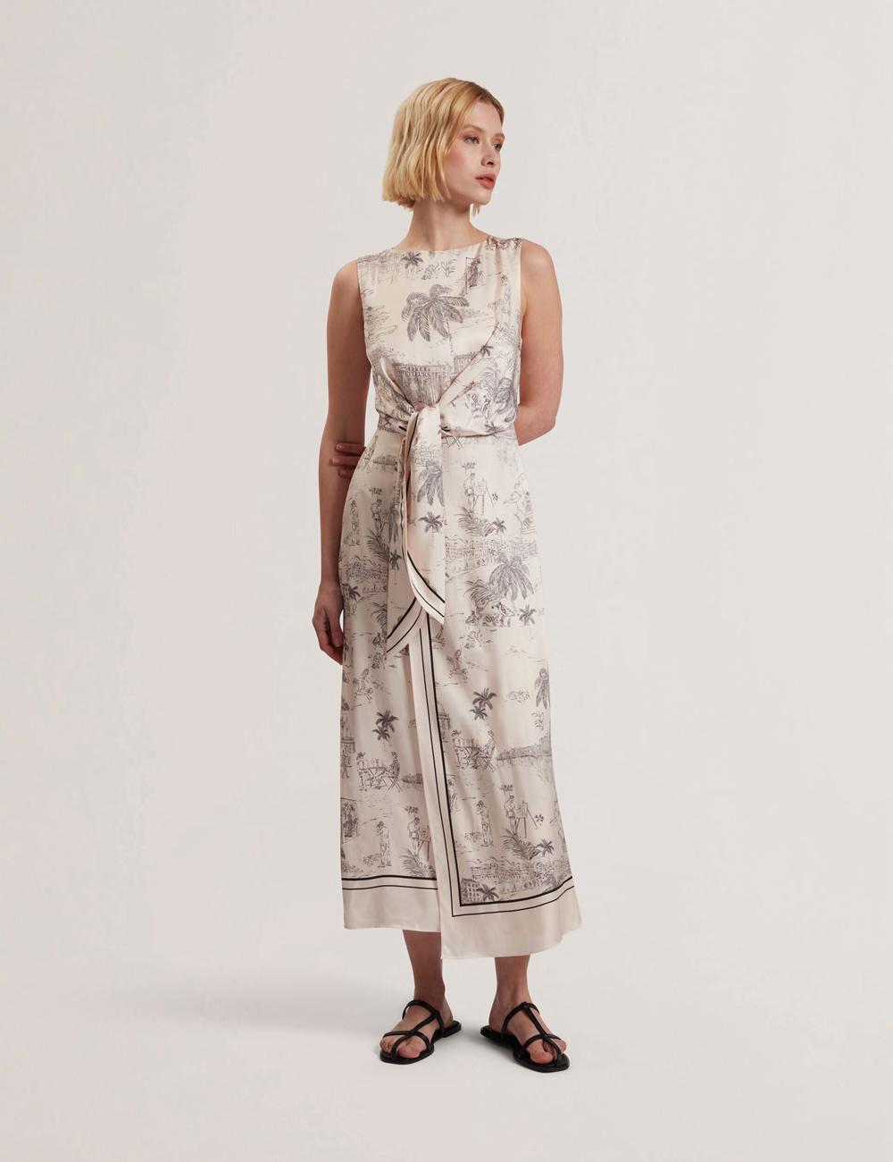 Nude-Pink Women Ted Baker MARRONA - Printed Wrap Front Sleeveless Midi Dresses | NZ  YXKN-25437