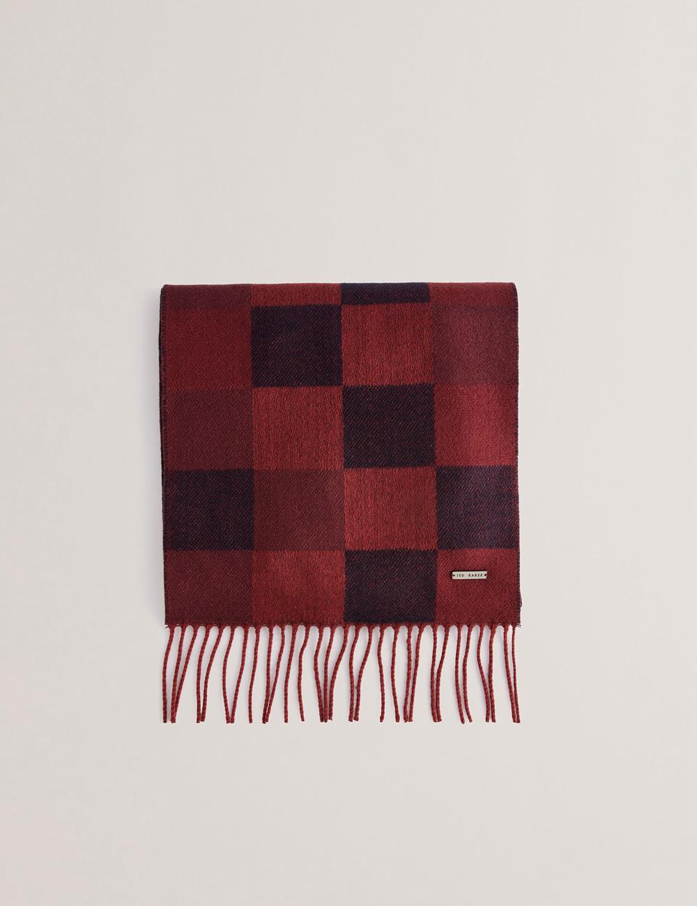 Oxblood Men Ted Baker PETERRR - Block Check With Fringe Trim Woven Scarves | NZ  BHFW-95268