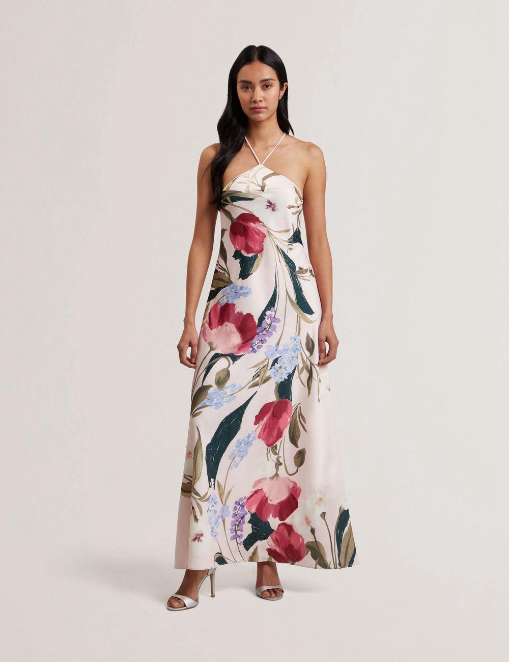 Pink Women Ted Baker ALMARIA - Floral Halter Neck Woven Maxi Dresses | NZ  SVHZ-60472