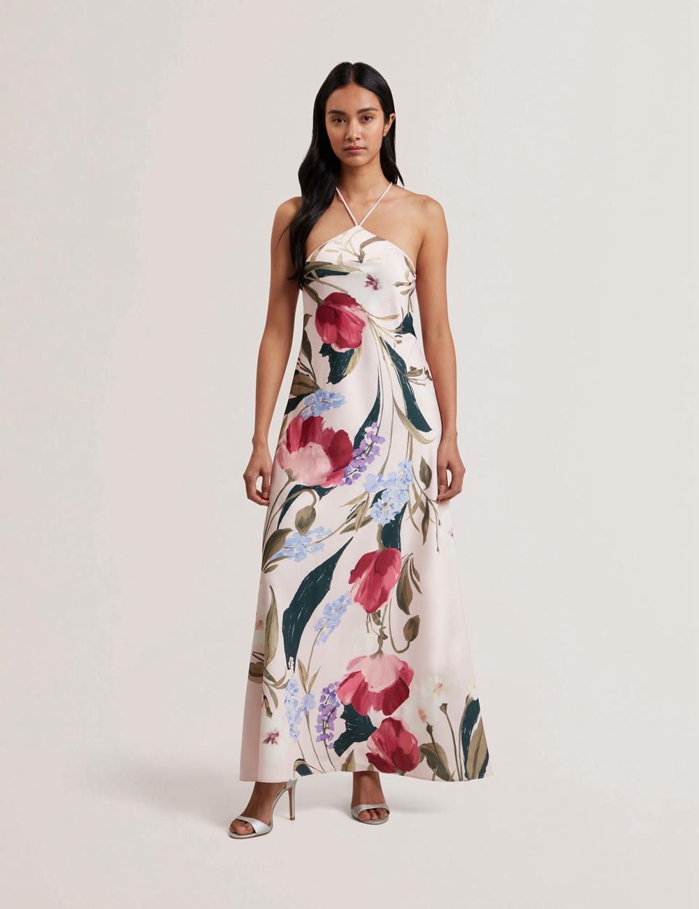 Pink Women Ted Baker ALMARIA - Floral Halter Neck Woven Maxi Dresses | NZ  SVHZ-60472