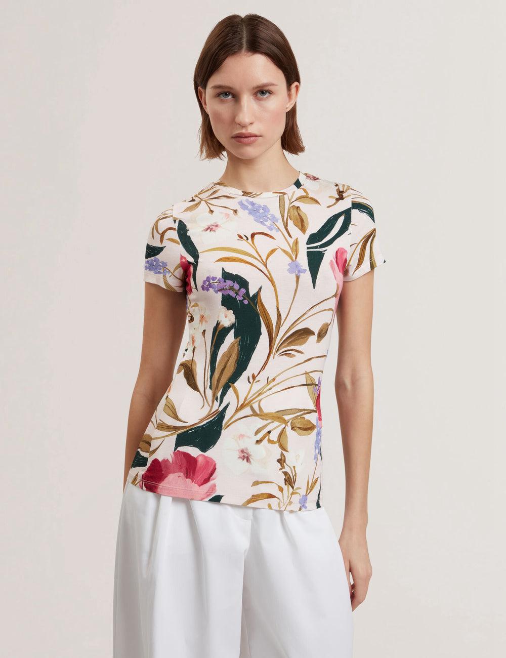 Pink Women Ted Baker BELLIEA - Painted Floral Print Slim Fit T-Shirts | NZ  RADV-81706