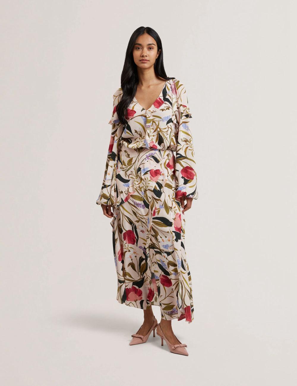 Pink Women Ted Baker CANDICI - Floral Print Frill Trim With Split Midi Skirts | NZ  VERB-49563