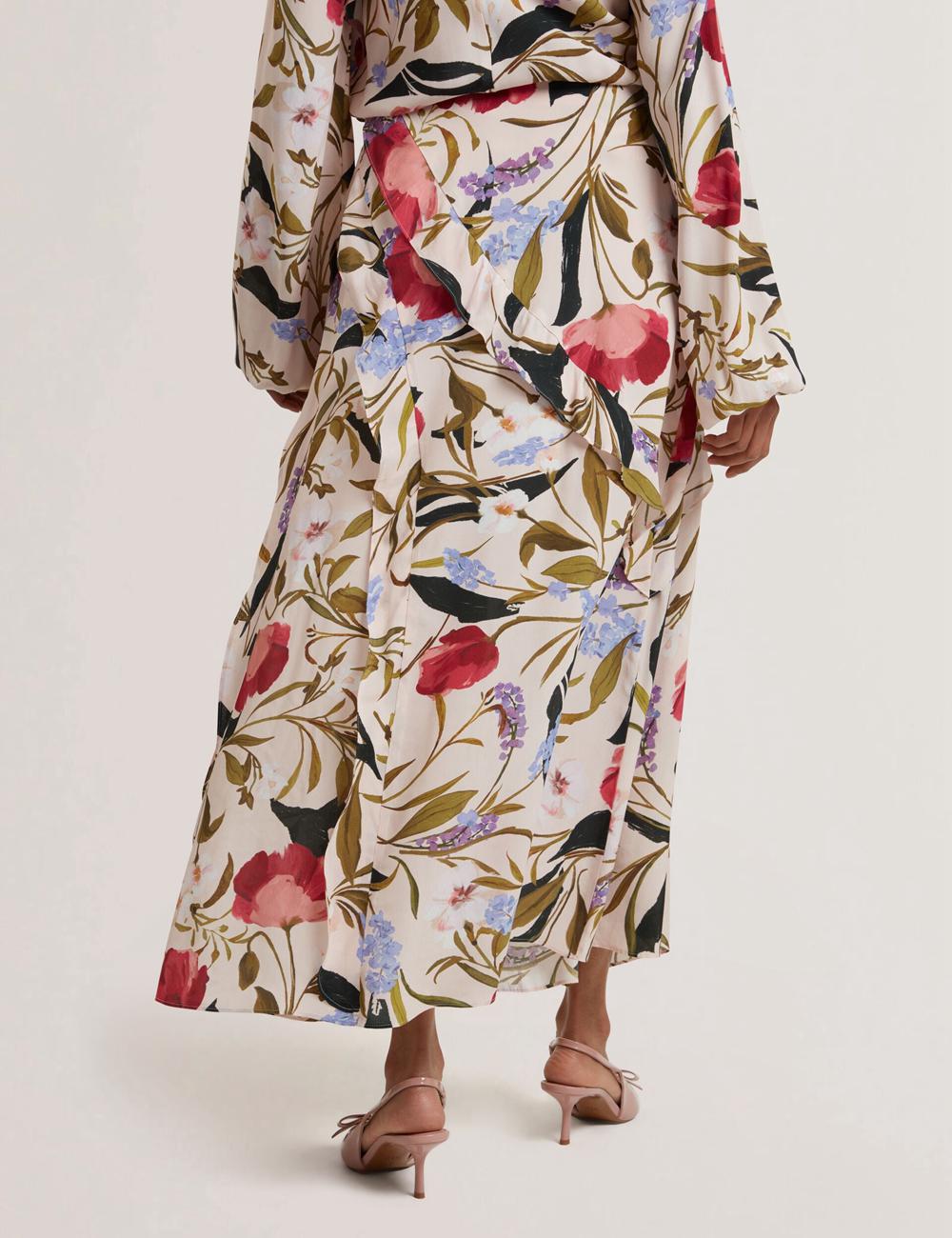 Pink Women Ted Baker CANDICI - Floral Print Frill Trim With Split Midi Skirts | NZ  VERB-49563