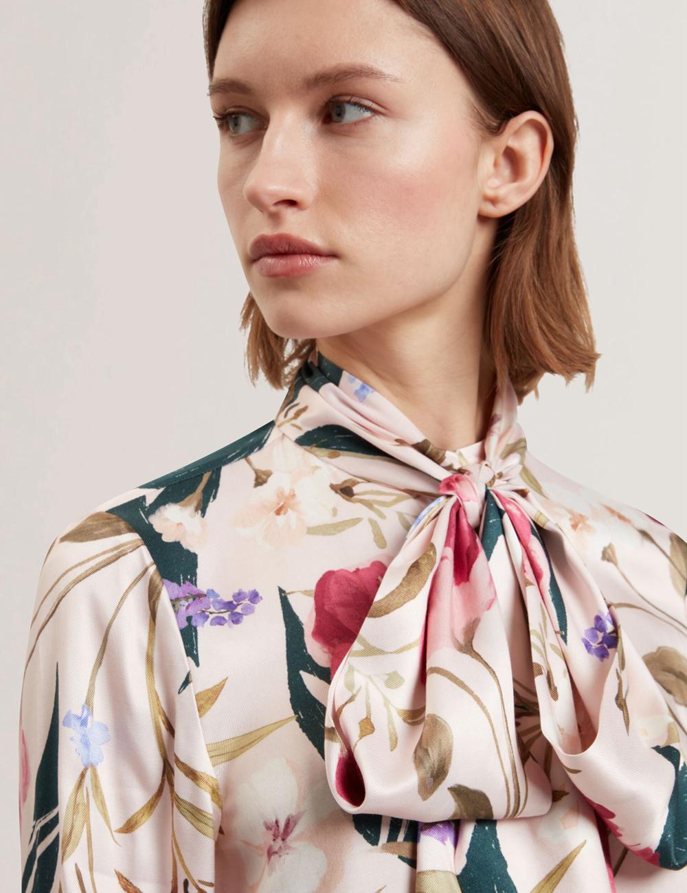 Pink Women Ted Baker LEEYAA - Floral Print Neck Longline Blouses | NZ  YIEQ-79824