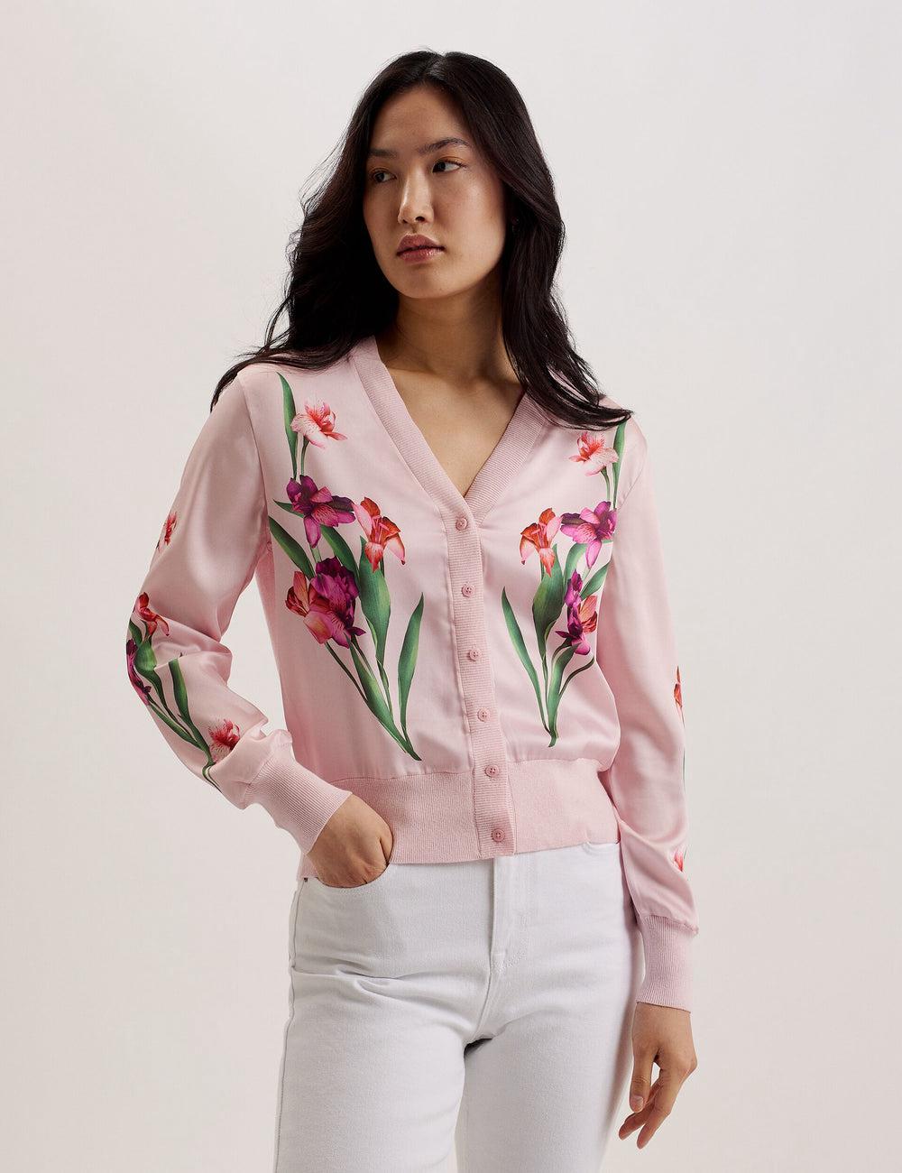 Pink Women Ted Baker MERALLL - Floral Woven Front V-Neck Cardigans | NZ  USMO-64382