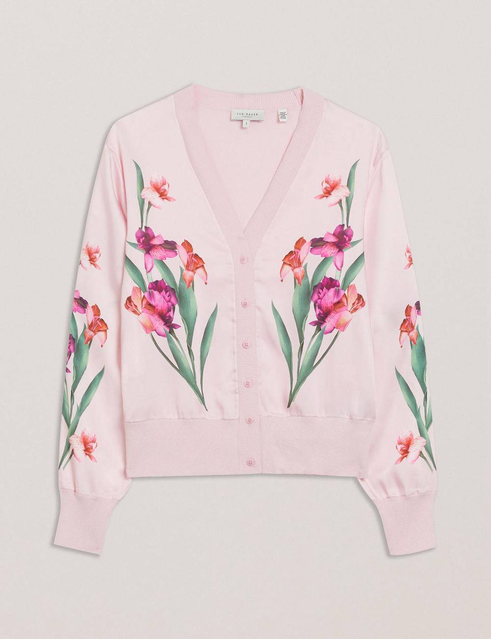 Pink Women Ted Baker MERALLL - Floral Woven Front V-Neck Cardigans | NZ  USMO-64382