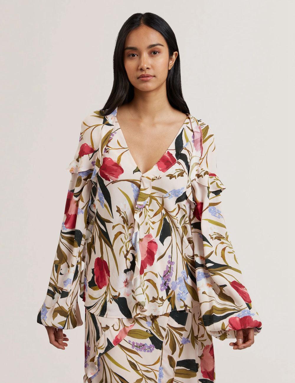 Pink Women Ted Baker MINASA - Floral Print Frill Trim Long Sleeve Blouses | NZ  SXWT-59016