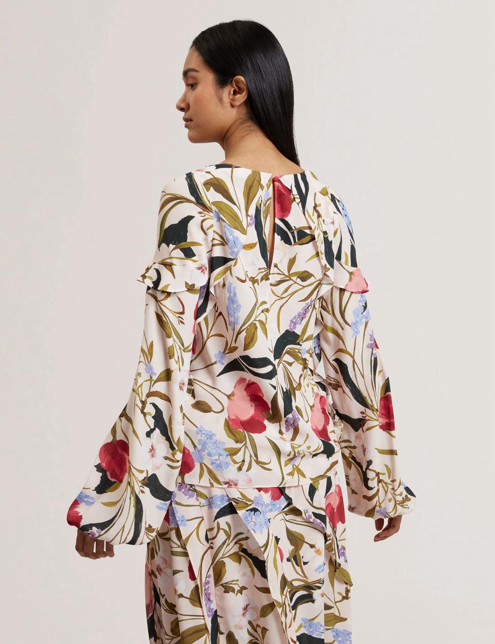 Pink Women Ted Baker MINASA - Floral Print Frill Trim Long Sleeve Blouses | NZ  SXWT-59016