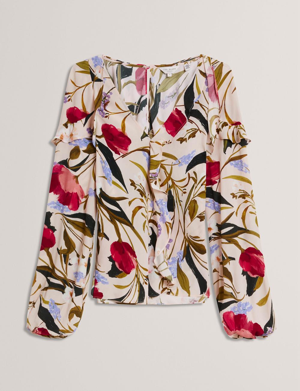 Pink Women Ted Baker MINASA - Floral Print Frill Trim Long Sleeve Blouses | NZ  SXWT-59016