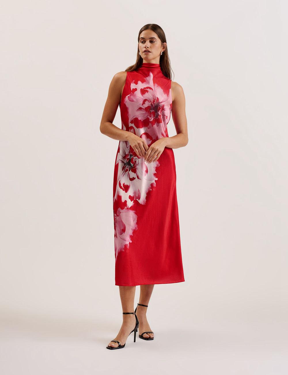 Red Women Ted Baker ALIARA - Floral Satin High Neck Sleeveless Midi Dresses | NZ  KMCI-16302