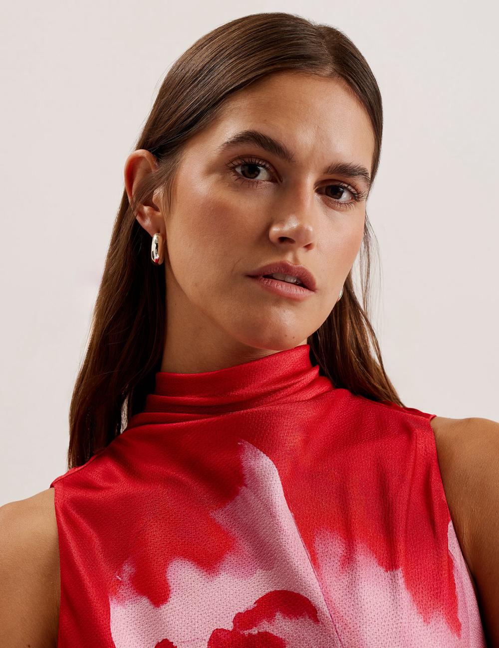 Red Women Ted Baker ALIARA - Floral Satin High Neck Sleeveless Midi Dresses | NZ  KMCI-16302
