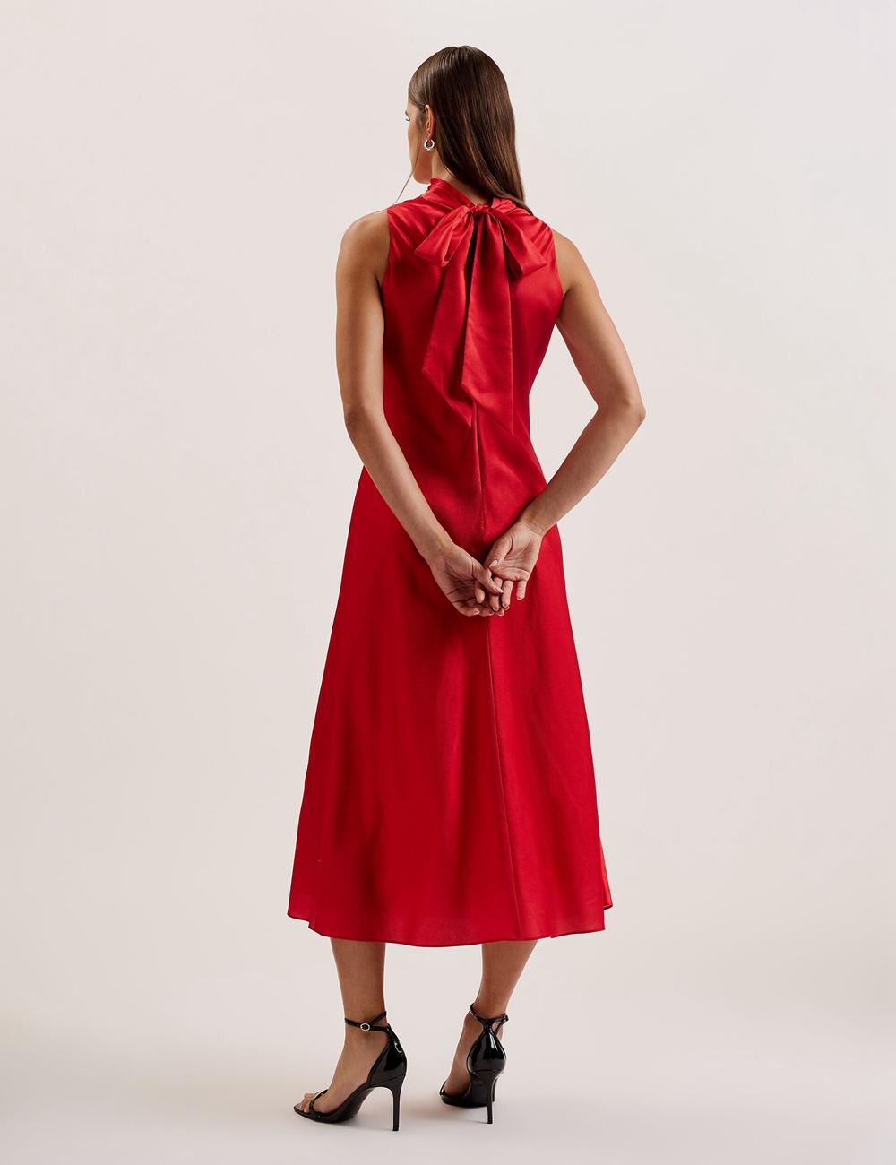 Red Women Ted Baker ALIARA - Floral Satin High Neck Sleeveless Midi Dresses | NZ  KMCI-16302