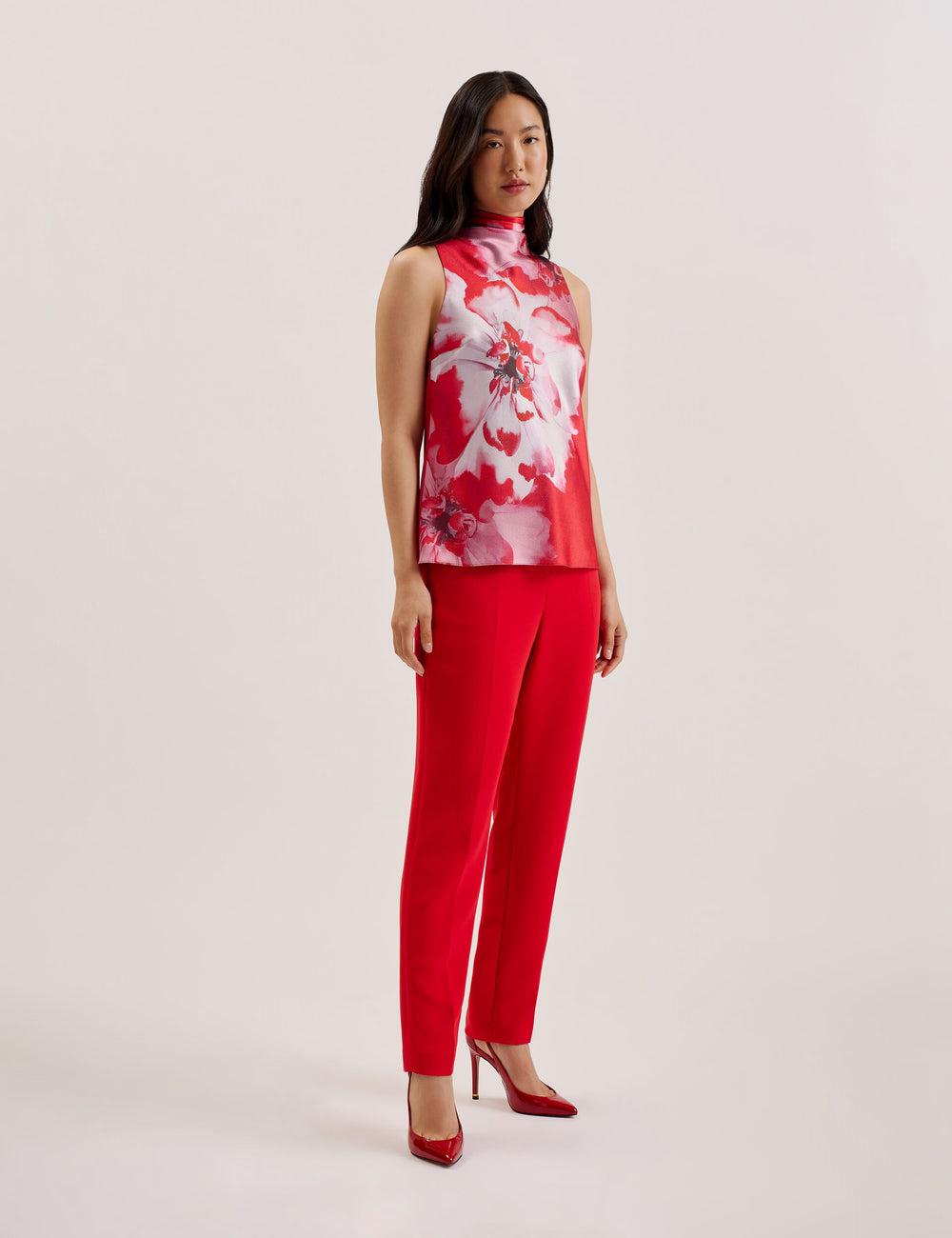 Red Women Ted Baker KOHANA - Floral Satin High Neck Sleeveless Top Blouses | NZ  VRPE-51870