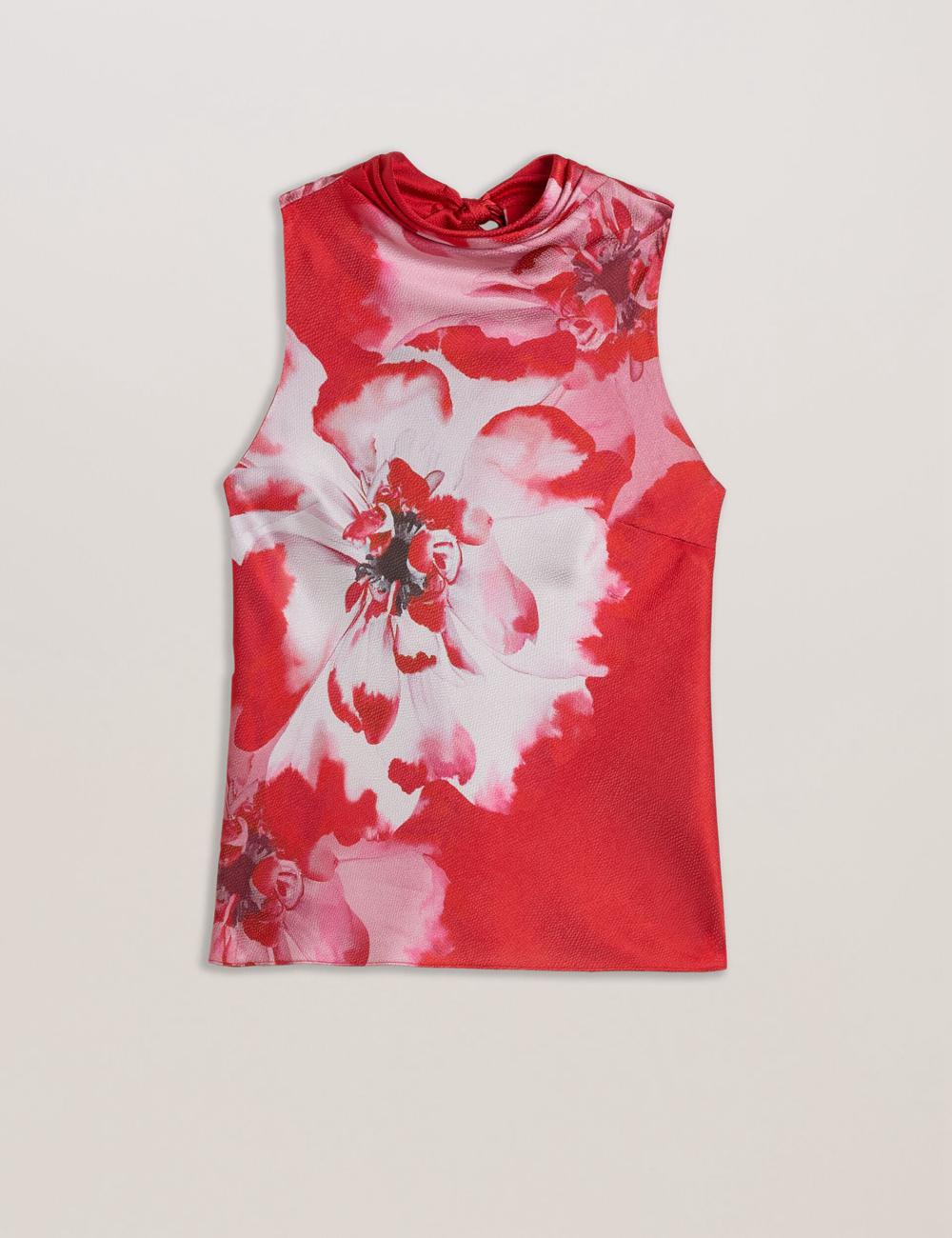 Red Women Ted Baker KOHANA - Floral Satin High Neck Sleeveless Top Blouses | NZ  VRPE-51870
