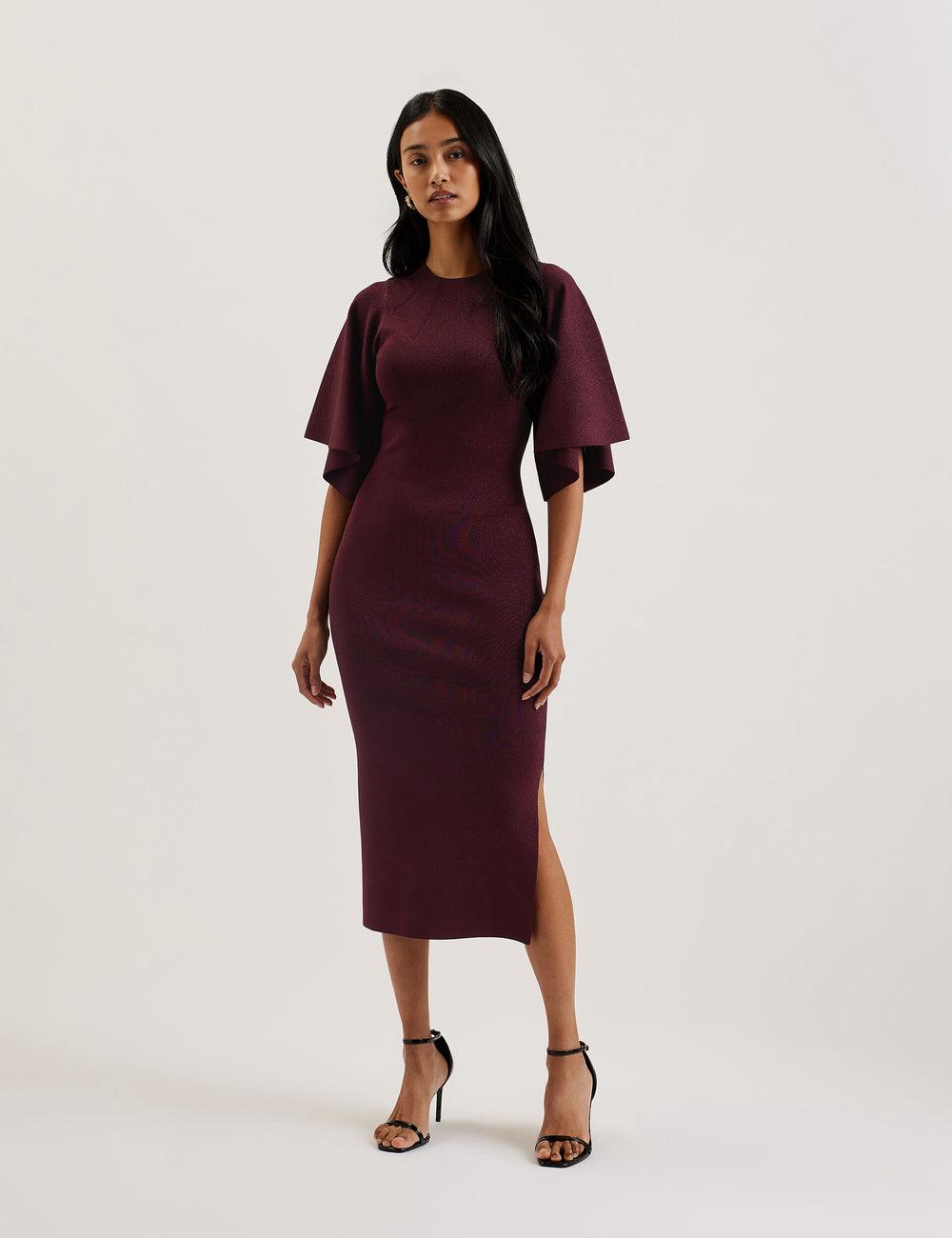 Red Women Ted Baker LOUANAA - Metallic Knit Fluted Sleeve Midi Dresses | NZ  JTYN-81549