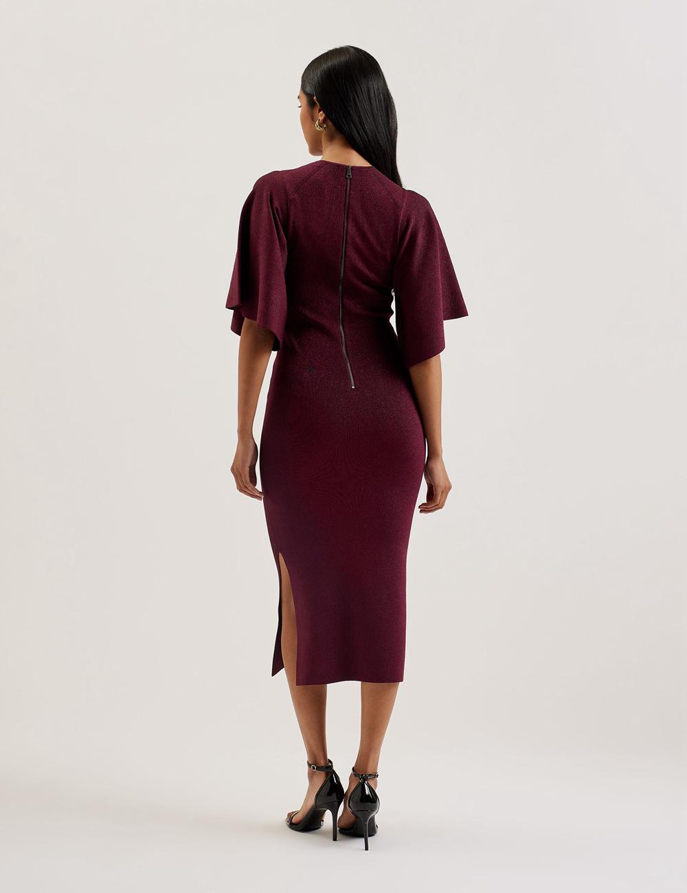 Red Women Ted Baker LOUANAA - Metallic Knit Fluted Sleeve Midi Dresses | NZ  JTYN-81549