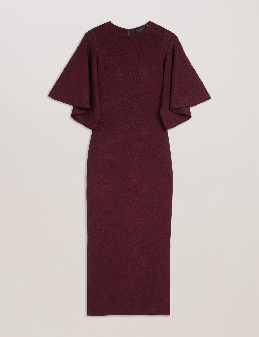 Red Women Ted Baker LOUANAA - Metallic Knit Fluted Sleeve Midi Dresses | NZ  JTYN-81549