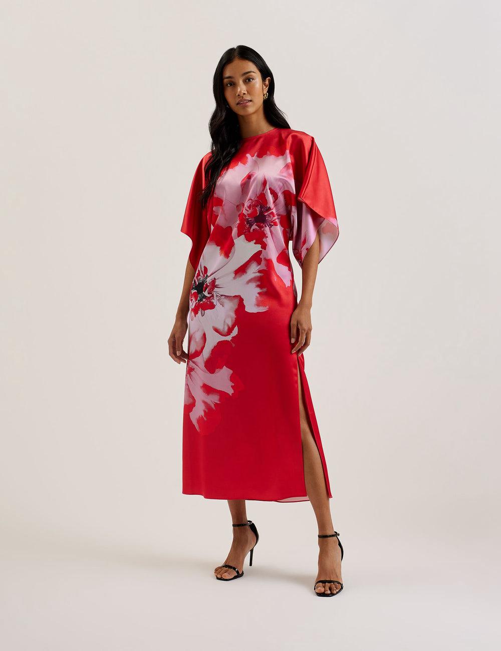 Red Women Ted Baker NASINU - Printed Satin Batwing Sleeve Midi Dresses | NZ  KDAT-43869