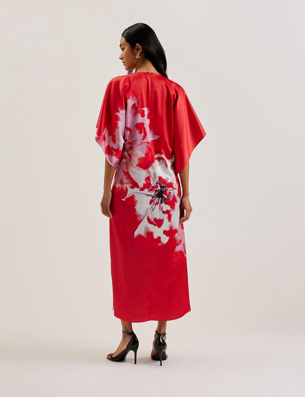 Red Women Ted Baker NASINU - Printed Satin Batwing Sleeve Midi Dresses | NZ  KDAT-43869
