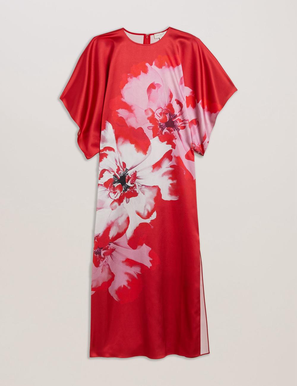 Red Women Ted Baker NASINU - Printed Satin Batwing Sleeve Midi Dresses | NZ  KDAT-43869