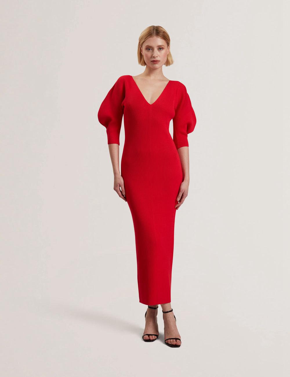 Red Women Ted Baker PRICILA - Shaped Sleeve Knitted Bodycon Midi Dresses | NZ  SBCJ-52309