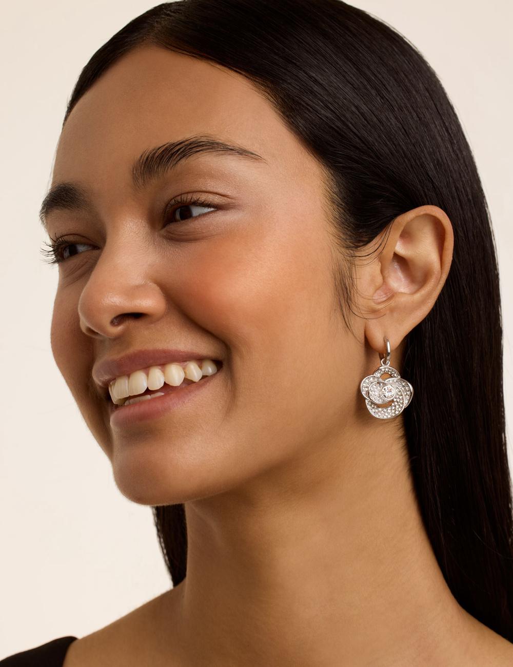 Silver Women Ted Baker FLORENCE - Crystal Flower Pendant Huggie Earrings | NZ  DPEI-60579