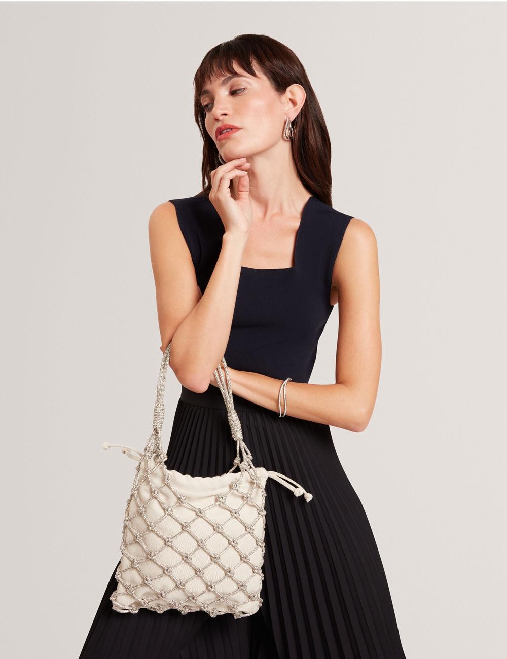 Silver Women Ted Baker KYLISA - Crystal Cage Top Handle Canvas Bucket Bags | NZ  CUFB-62501