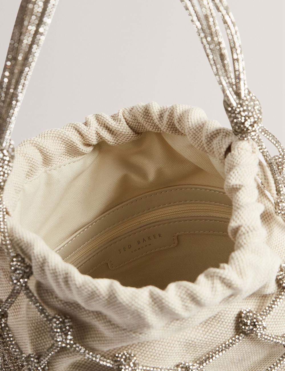Silver Women Ted Baker KYLISA - Crystal Cage Top Handle Canvas Bucket Bags | NZ  CUFB-62501