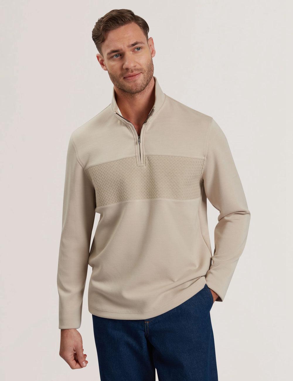 Taupe Men Ted Baker SIMONEA - Textured Panel Half-Zip Modal Sweatshirts | NZ  CHPU-61790