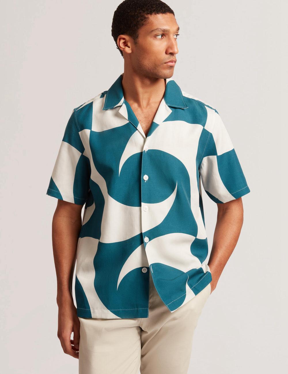 Turquoise Men Ted Baker ROLDAN - Short Sleeve Oversized Swirl Print Casual Shirts | NZ  PDIF-67103