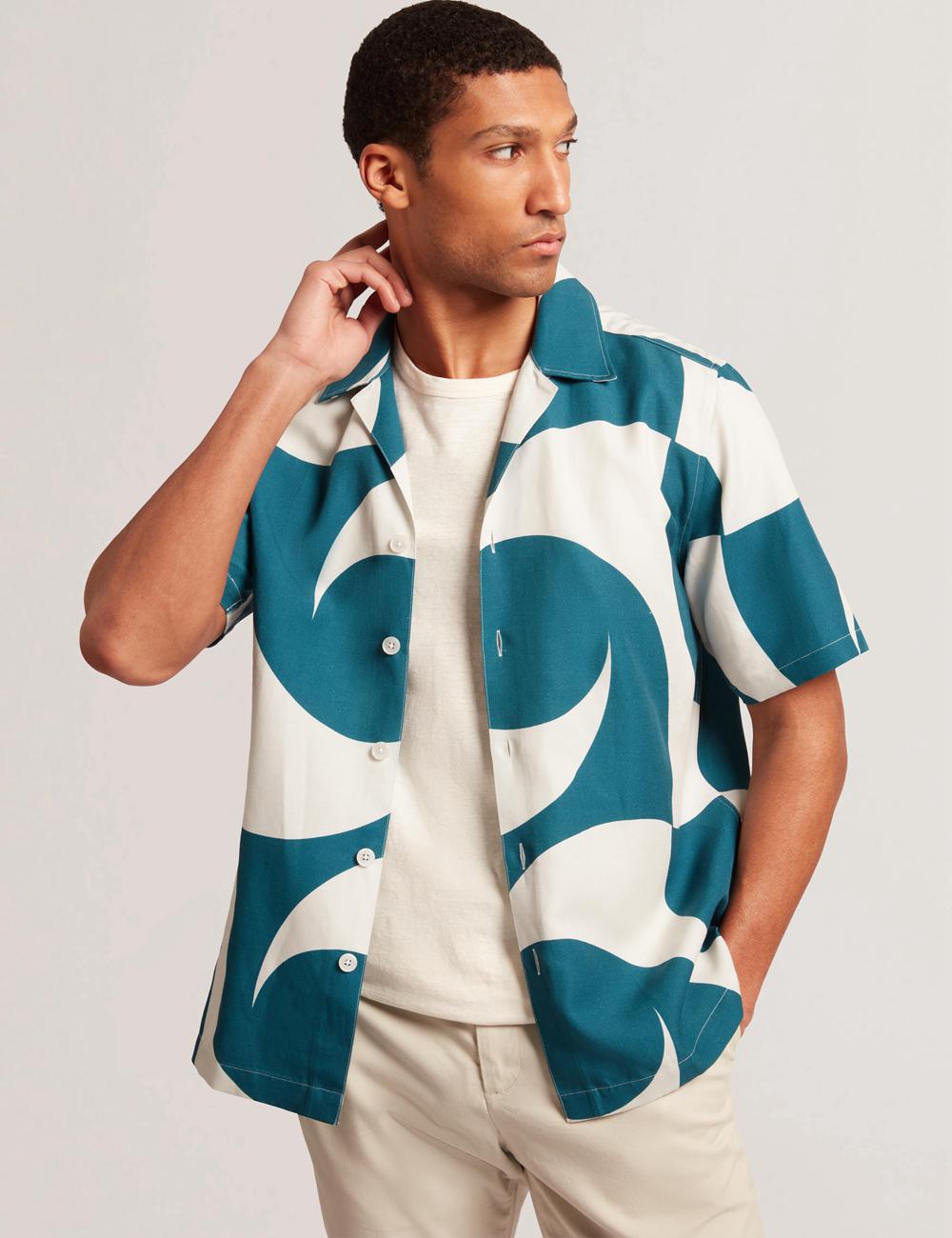 Turquoise Men Ted Baker ROLDAN - Short Sleeve Oversized Swirl Print Casual Shirts | NZ  PDIF-67103