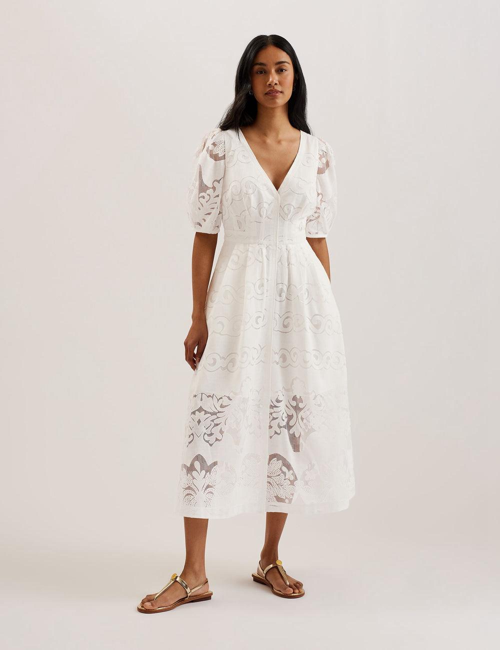 White Women Ted Baker AGNEL - Lace Puff Sleeve Cotton Blend Midi Dresses | NZ  QWHO-70849
