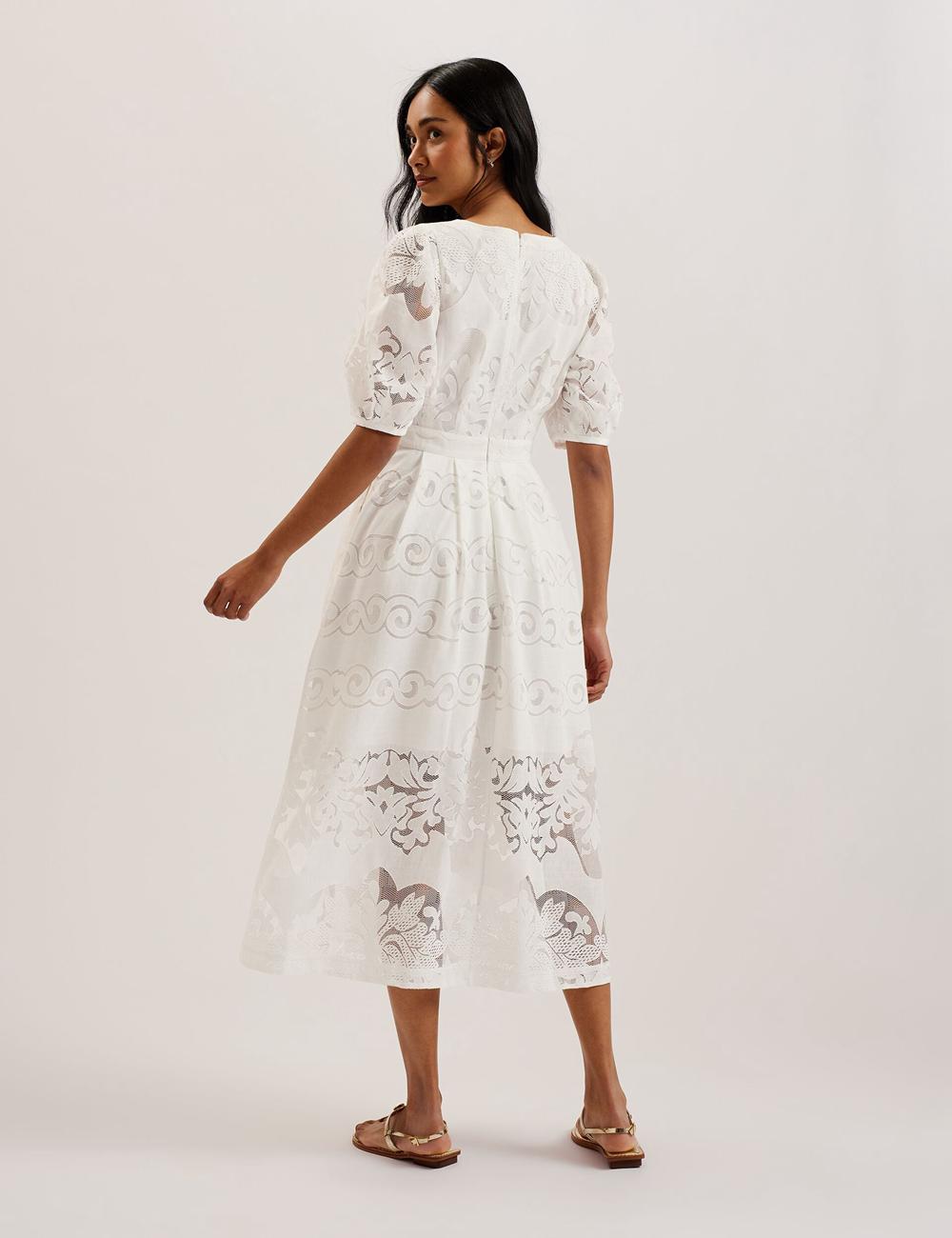 White Women Ted Baker AGNEL - Lace Puff Sleeve Cotton Blend Midi Dresses | NZ  QWHO-70849