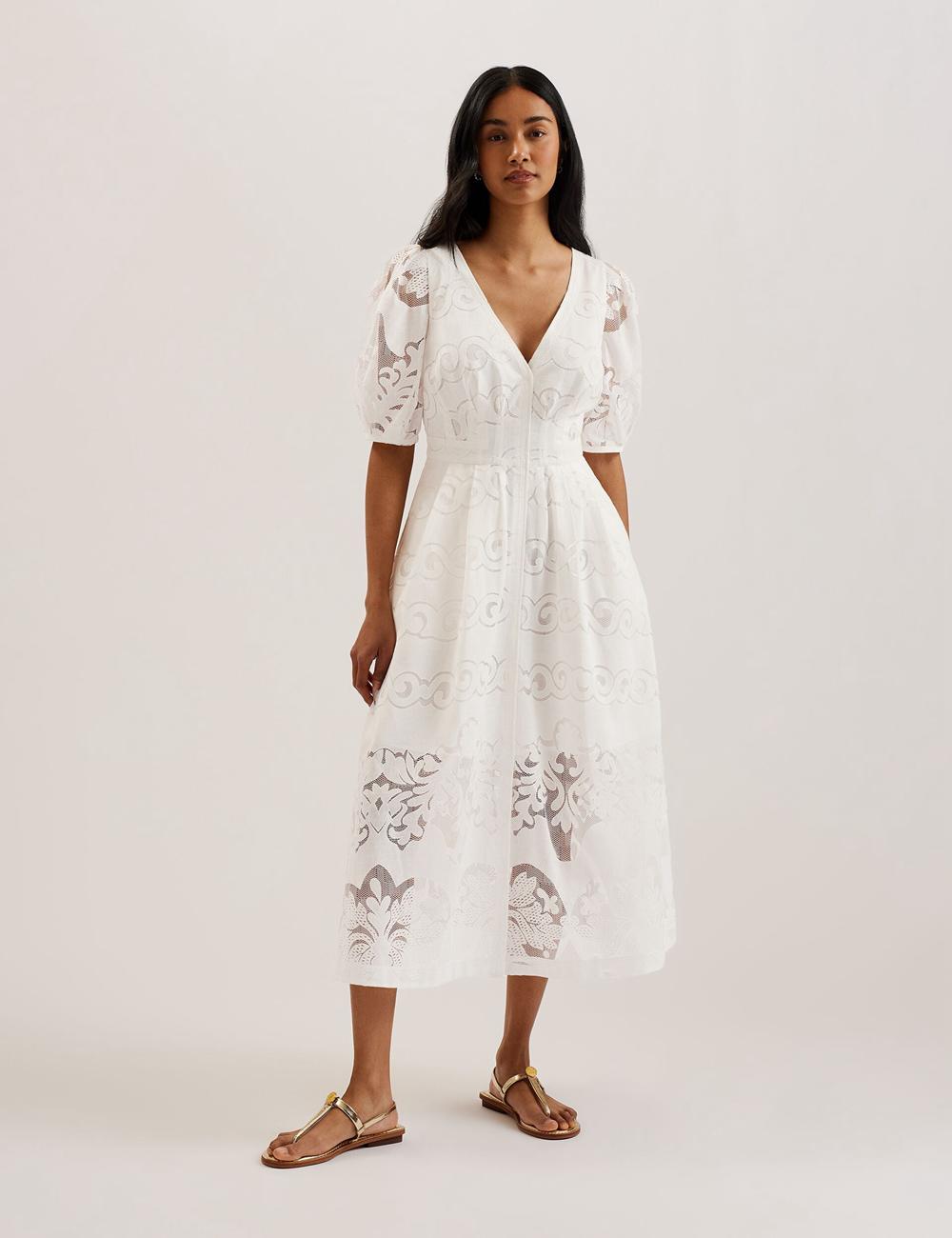 White Women Ted Baker AGNEL - Lace Puff Sleeve Cotton Blend Midi Dresses | NZ  QWHO-70849