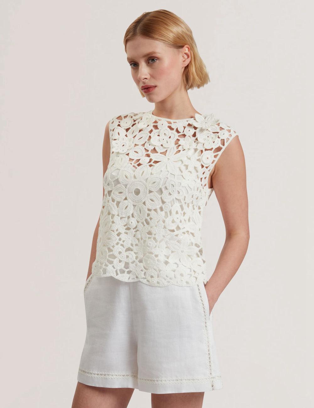 White Women Ted Baker JOYYRA - Floral Crochet Knit Sleeveless Tops | NZ  WQKP-67950