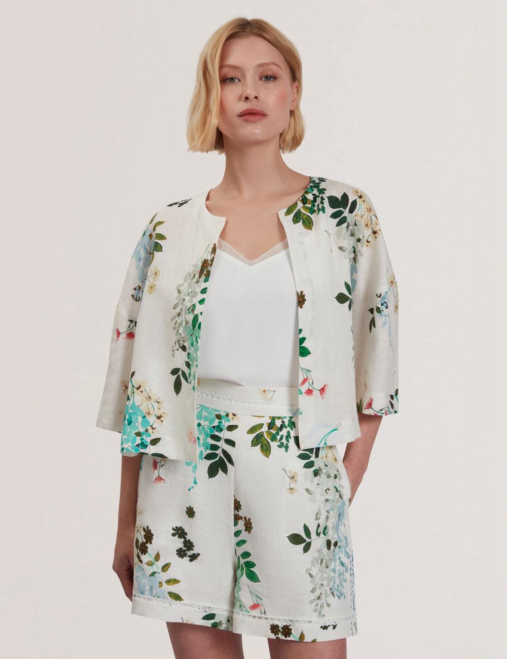 White Women Ted Baker KALNA - Printed Linen Short Sleeve Cropped Shirt Tops | NZ  TEFQ-31806