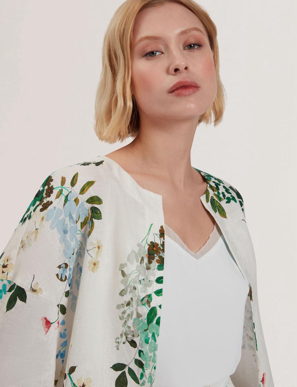 White Women Ted Baker KALNA - Printed Linen Short Sleeve Cropped Shirt Tops | NZ  TEFQ-31806