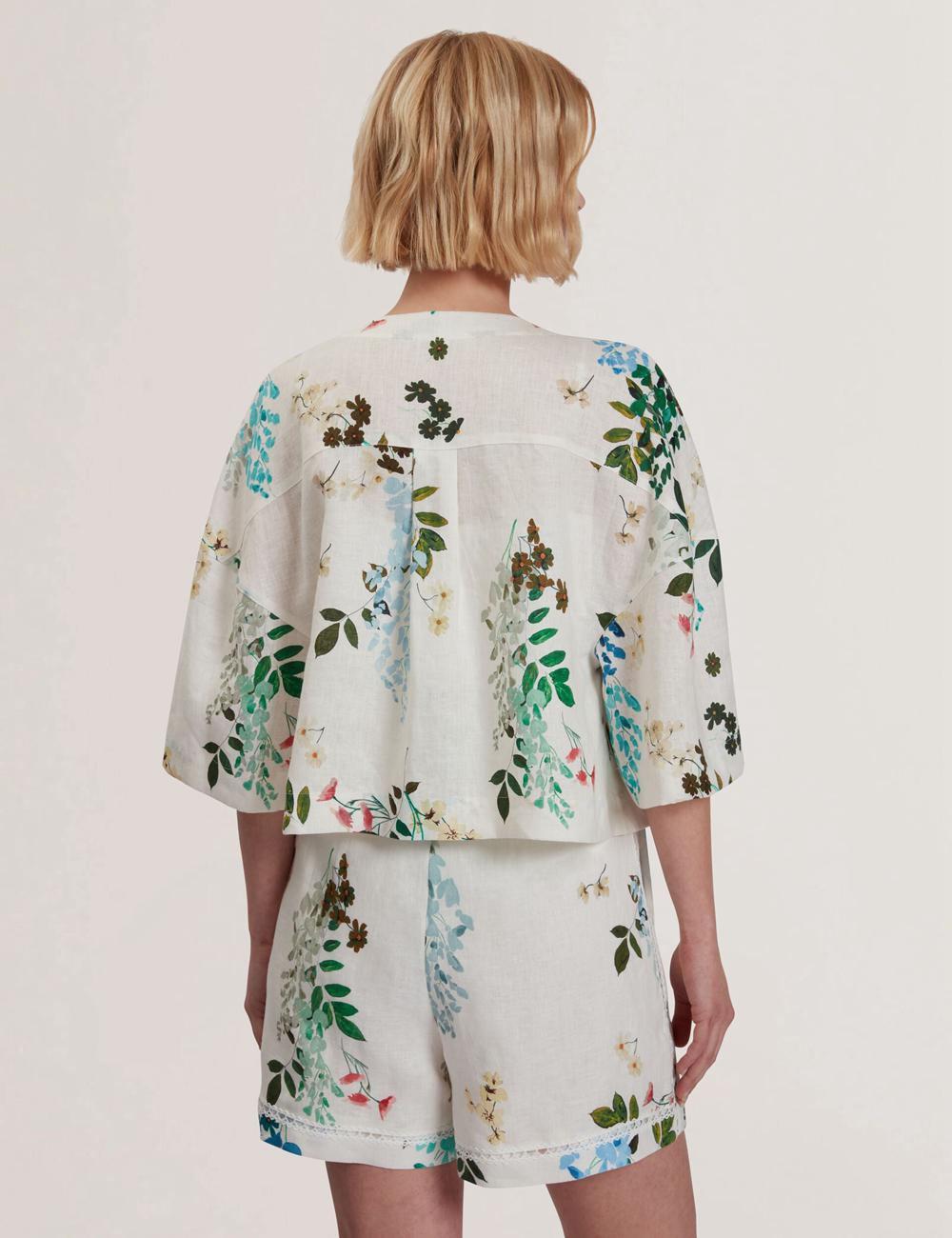 White Women Ted Baker KALNA - Printed Linen Short Sleeve Cropped Shirt Tops | NZ  TEFQ-31806