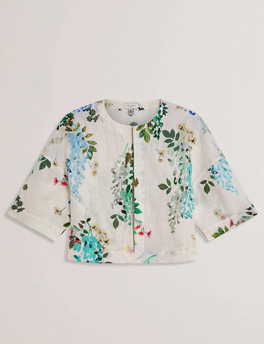 White Women Ted Baker KALNA - Printed Linen Short Sleeve Cropped Shirt Tops | NZ  TEFQ-31806