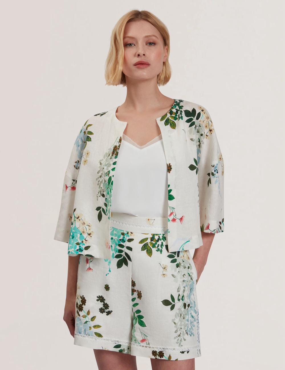 White Women Ted Baker KALNA - Printed Linen Short Sleeve Cropped Shirt Tops | NZ  TEFQ-31806