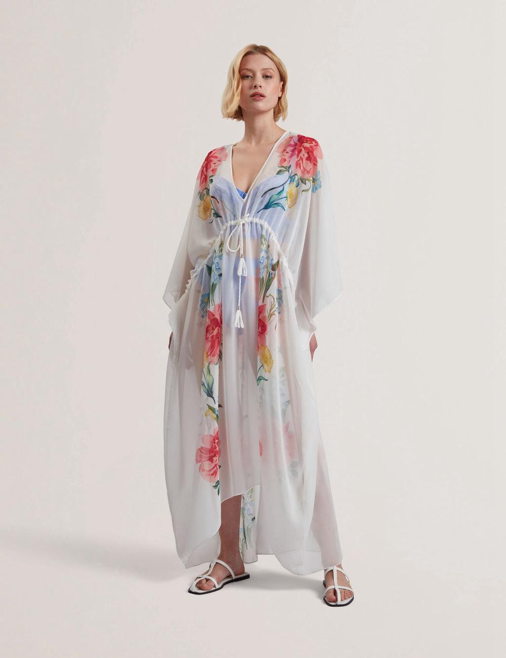 White Women Ted Baker LUUSAA - Floral V-Neck Maxi Kaftan Beach Dress Cover Ups | NZ  AKWQ-02189