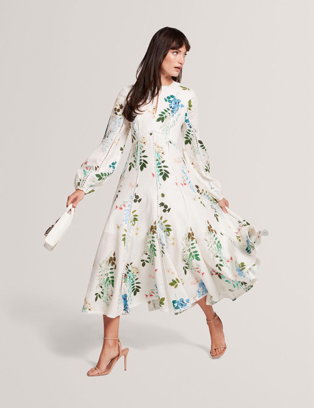 White Women Ted Baker UTALA - Floral Crochet Trim Linen Midi Dresses | NZ  ORFE-75384