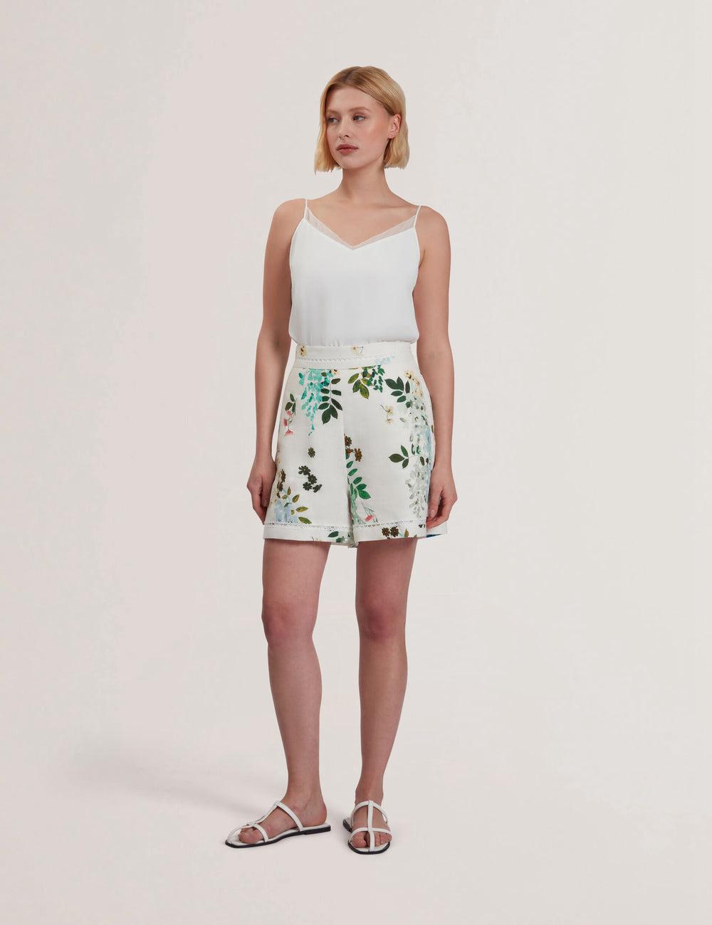 White Women Ted Baker VYLLA - Floral High Waist Linen With Trim Detail Shorts | NZ  BEZF-89651